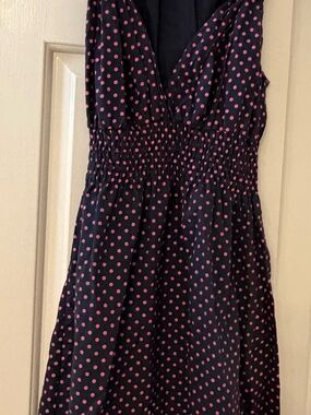 Angie Navy Blue Strapless Dress with Pink Polka Dots